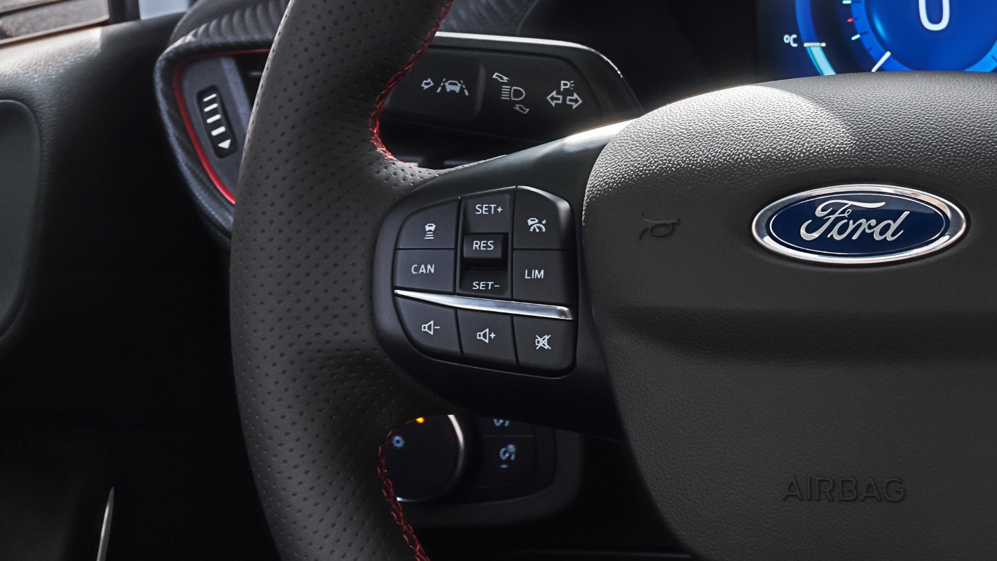 Ford Fiesta. Vista interna dettagliata del volante.