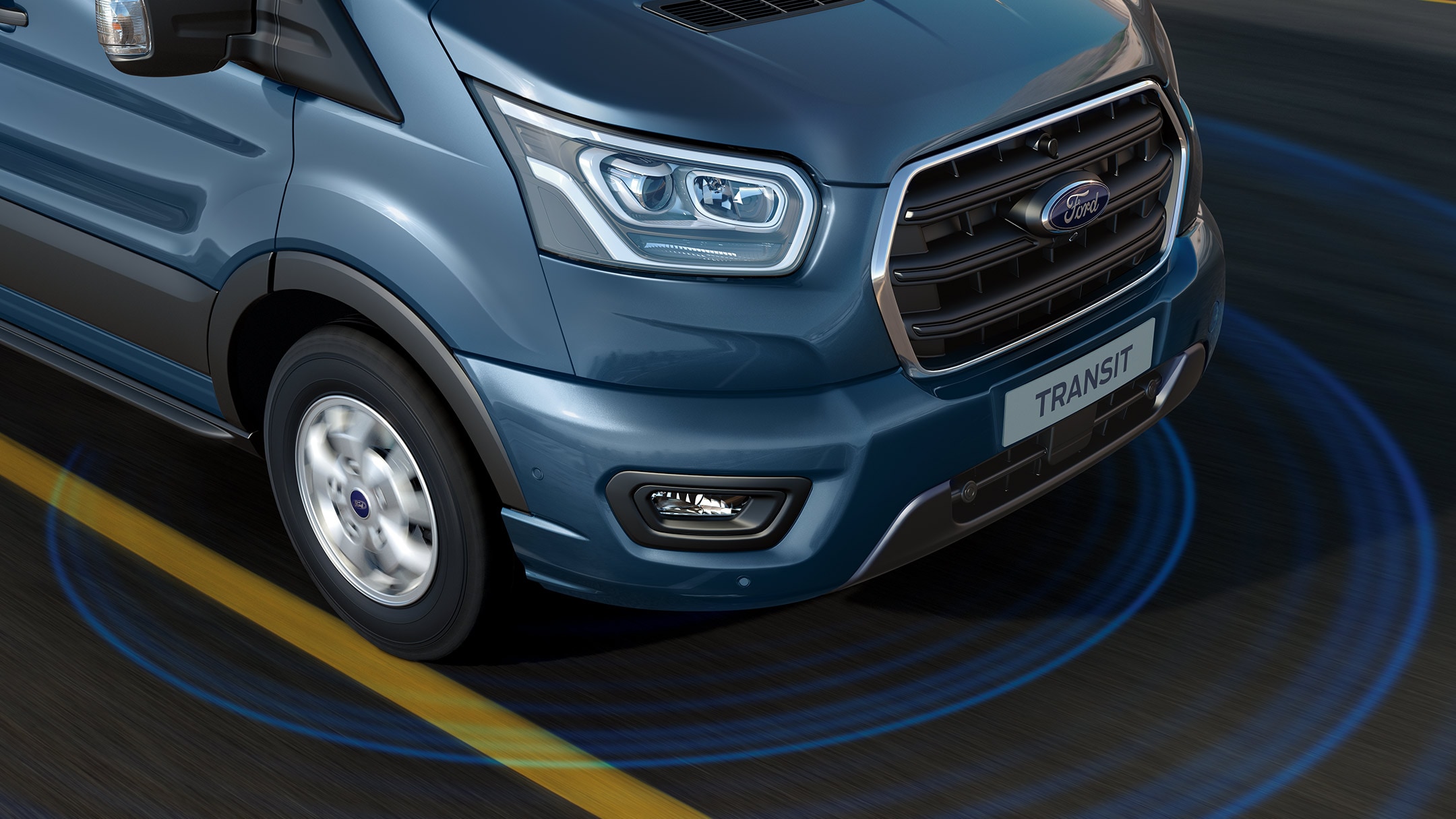 Ford Transit blu, vista frontale a tre quarti, illustrazione del sistema di segnalazione di cambio corsia