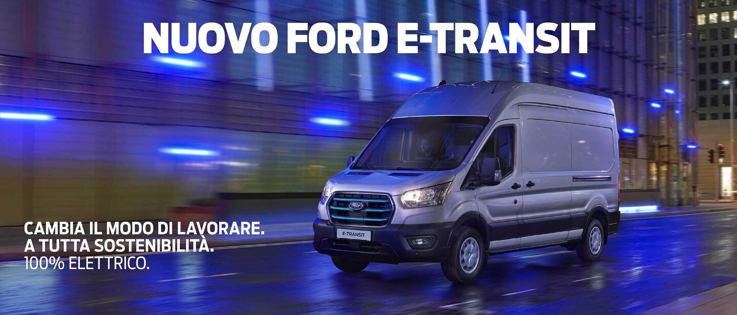 Ford E-Transit in blue neon night