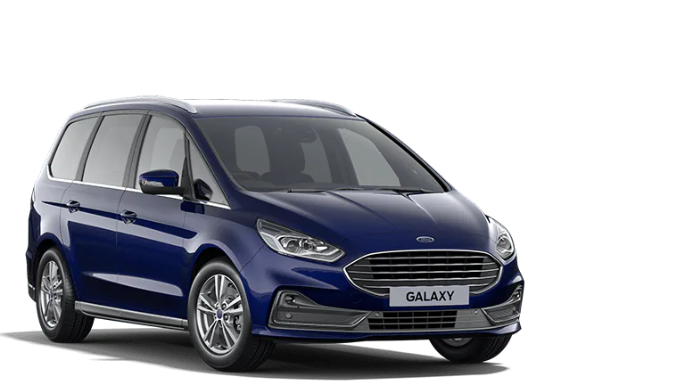 Ford Galaxy blu, vista da tre quarti anteriormente