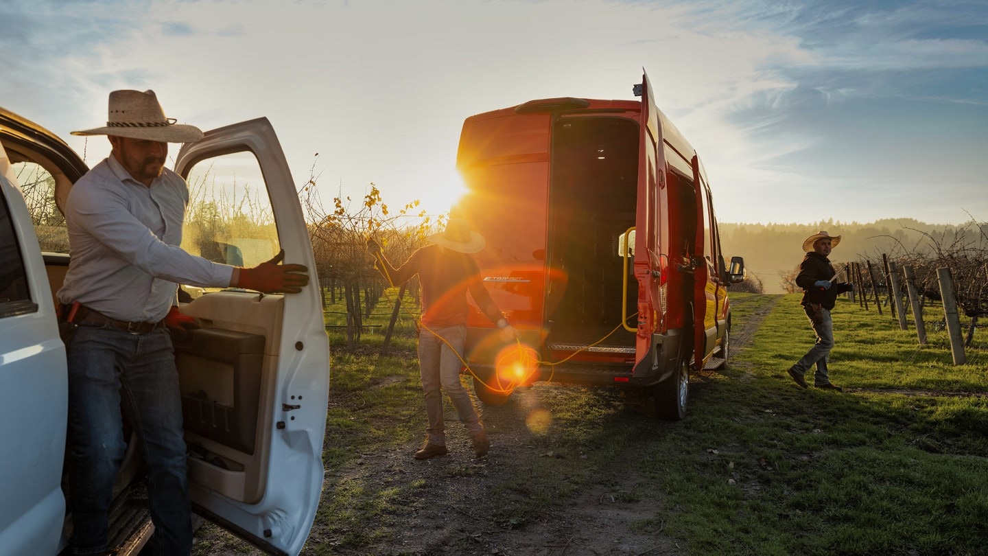 Ford Transit rosso, vista posteriore, con operai in un vigneto