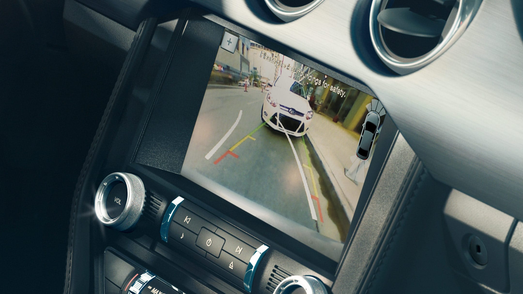 Schermo LCD Mustang che mostra la telecamera posteriore