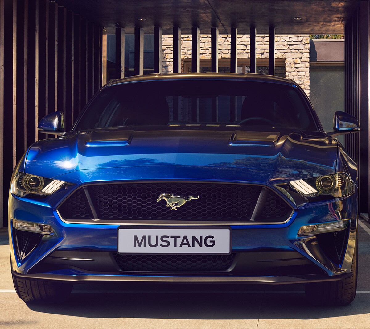 Ford Mustang GT blu parcheggiata vicino al cancello della griglia