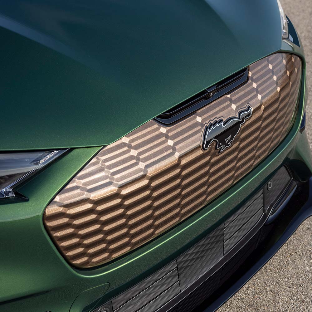 Vista ravvicinata della calandra di una Ford Mustang Mach-E con pacchetto Bronze opzionale e dettagli esterni.