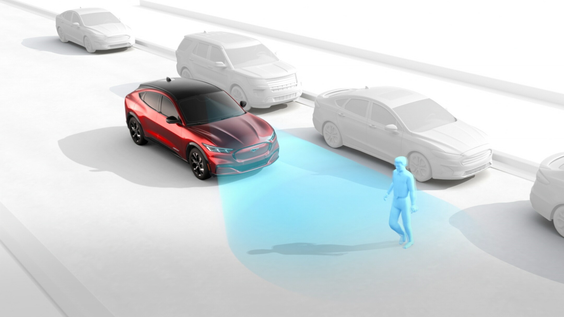 Ford Mustang Mach-E. Illustrazione del Pre-Collision Assist