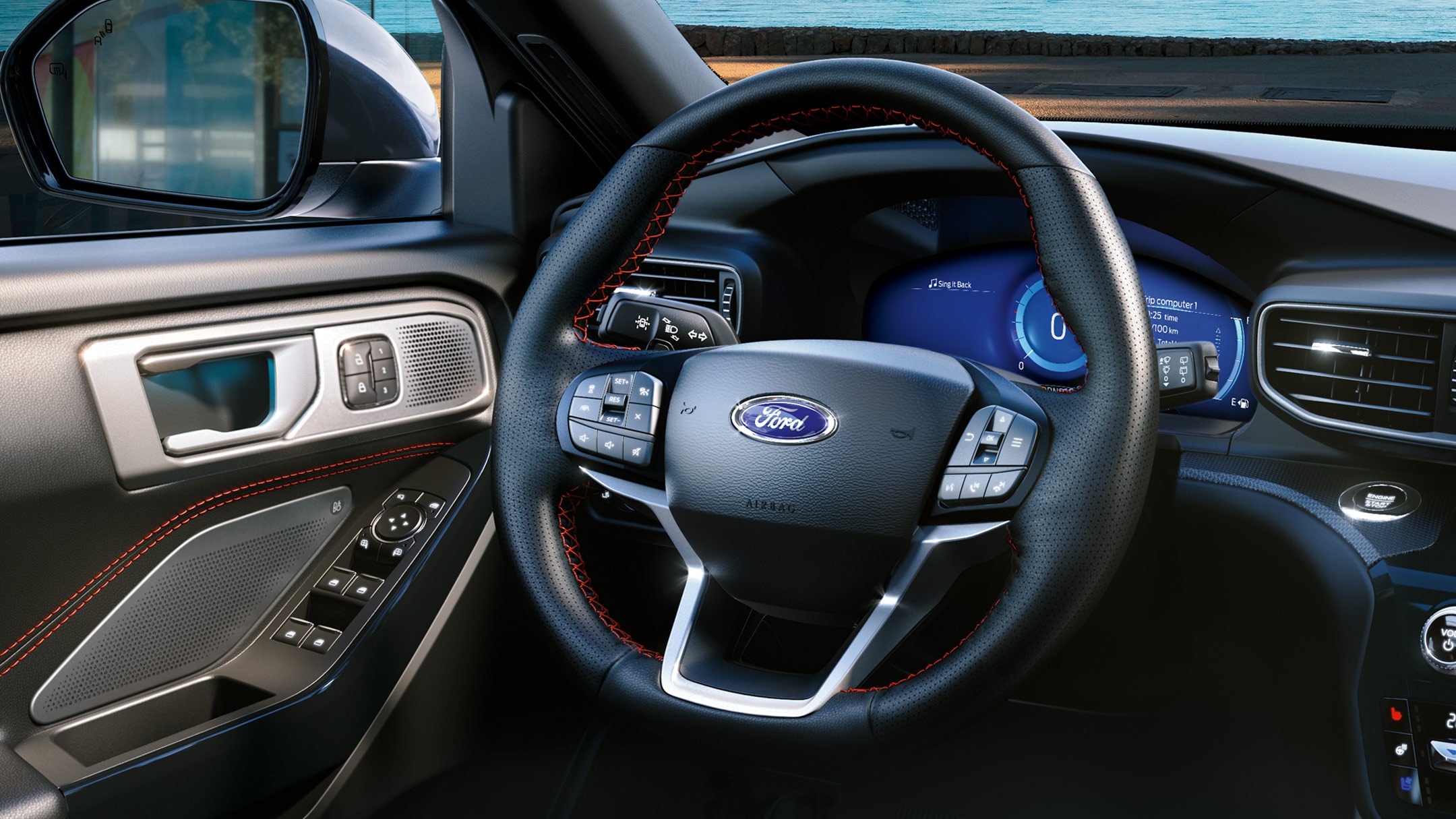 Ford Explorer Plug-in Hybrid. Interni, vista dettagliata del volante in pelle riscaldabile nel design ST-Line.