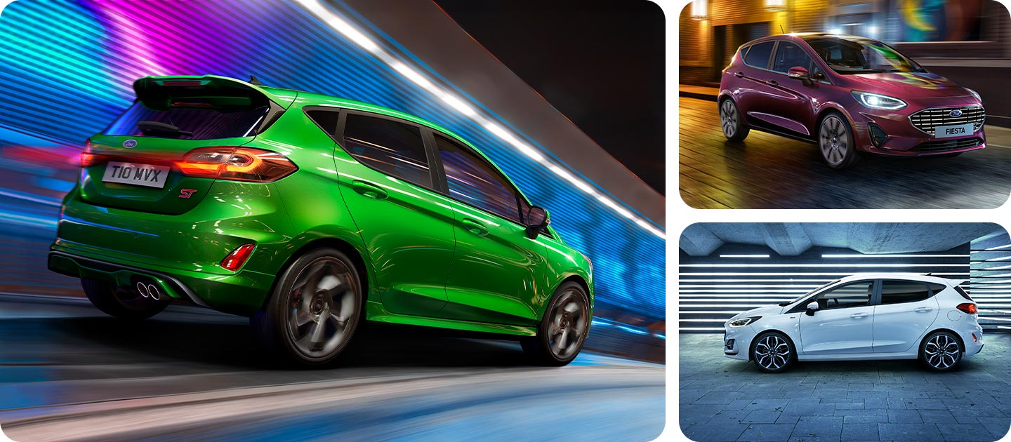 Galleria fotografica con una Ford Fiesta ST-Line verde, una Fiesta Active argento e una Fiesta Titanium rossa.