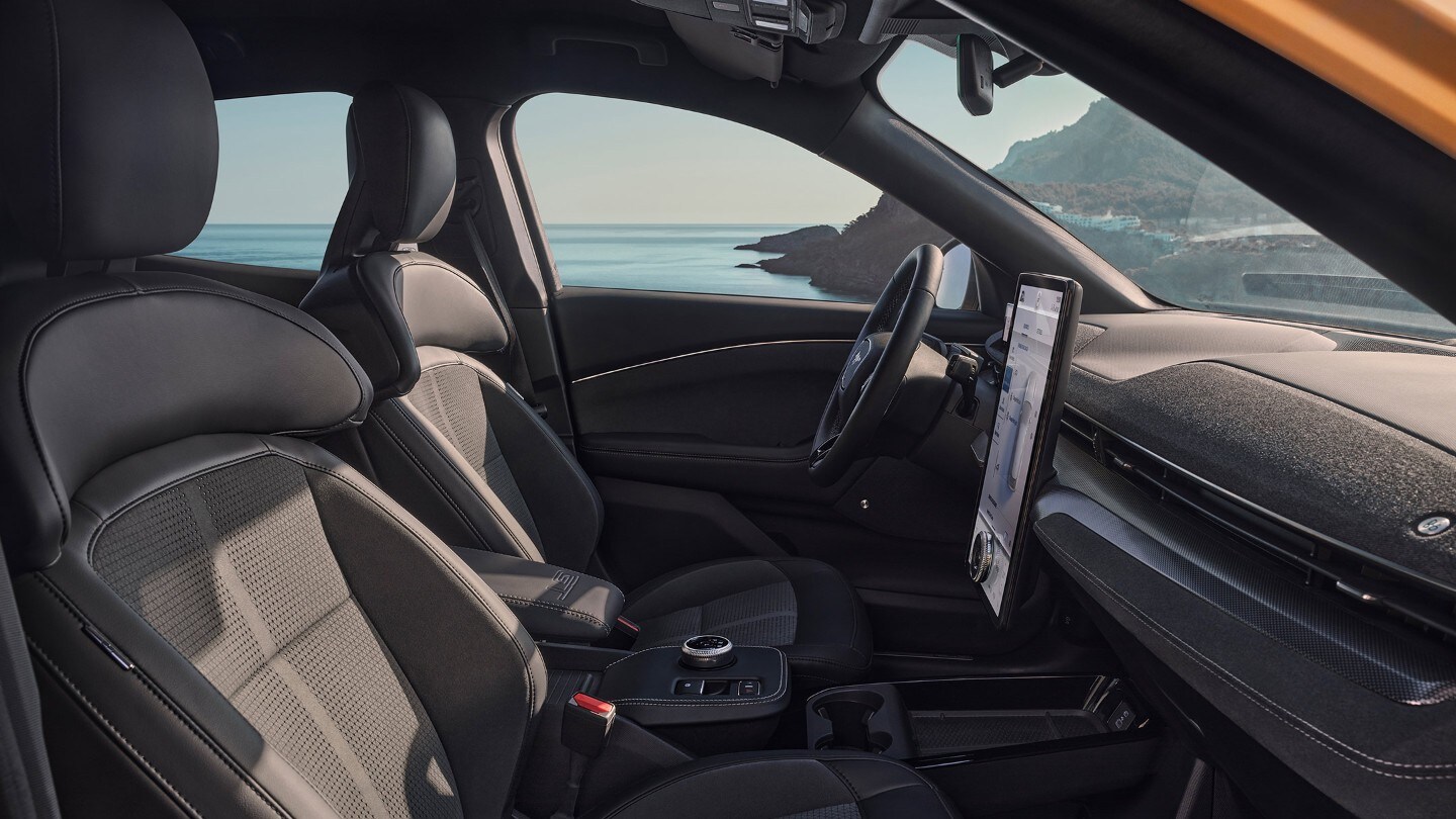 Ford Mustang Mach-E GT. Vista interna, una donna e un uomo guardano il touchscreen del Ford SYNC 4.