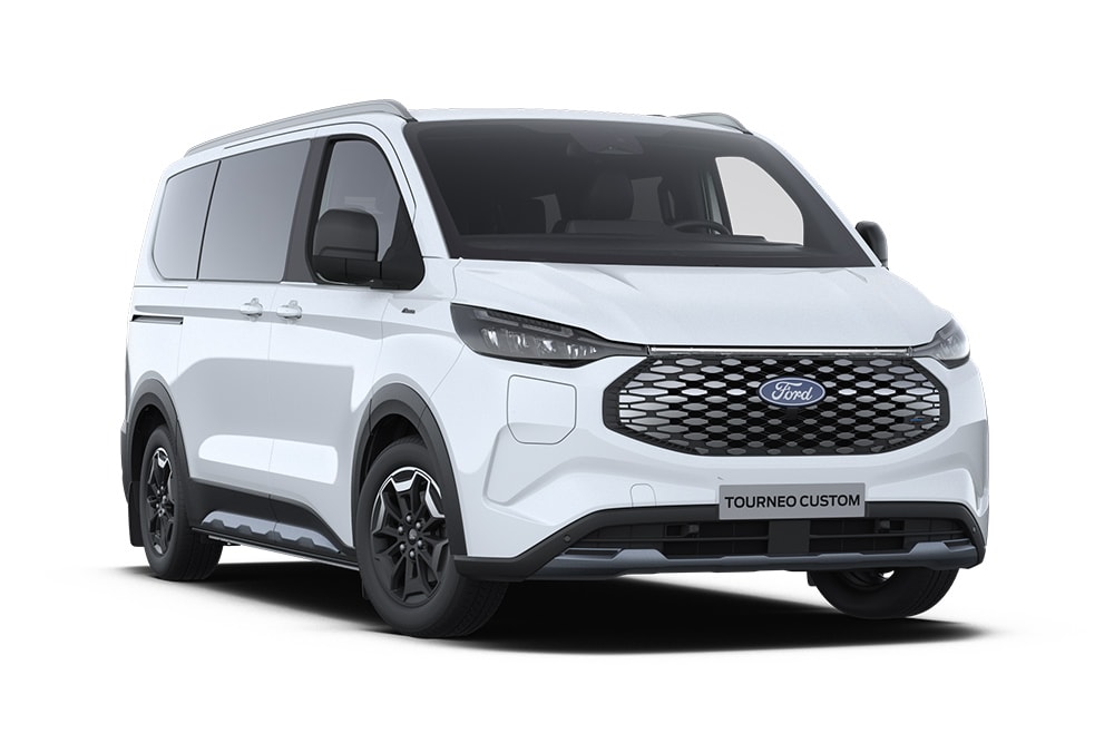 Angolo anteriore sinistro di una Ford E-Tourneo Custom Active bianca