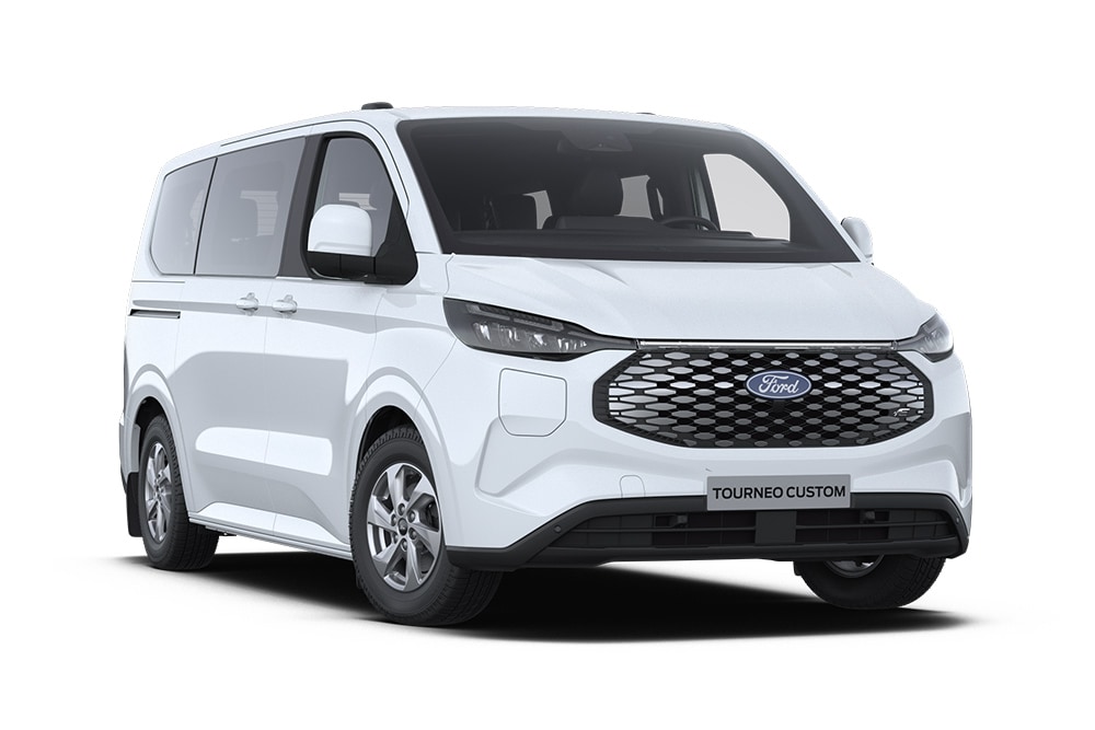 Angolo anteriore sinistro di una Ford E-Tourneo Custom Trend bianca