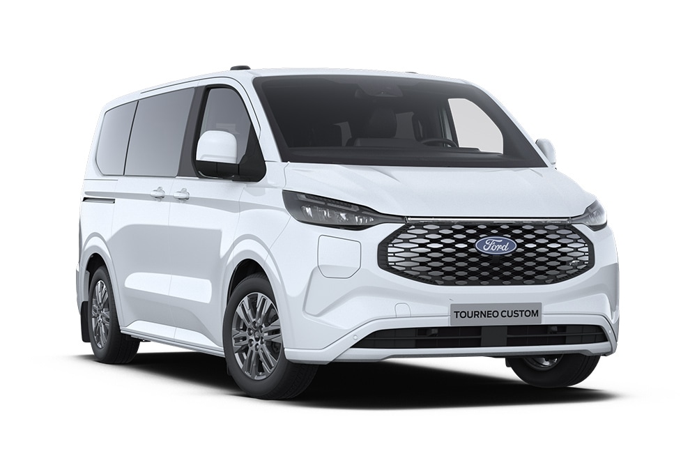Angolo anteriore sinistro di una Ford E-Tourneo Custom Titanium bianca