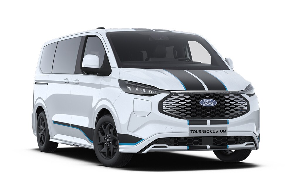 Angolo anteriore sinistro di una Ford E-Tourneo Custom Sport bianca