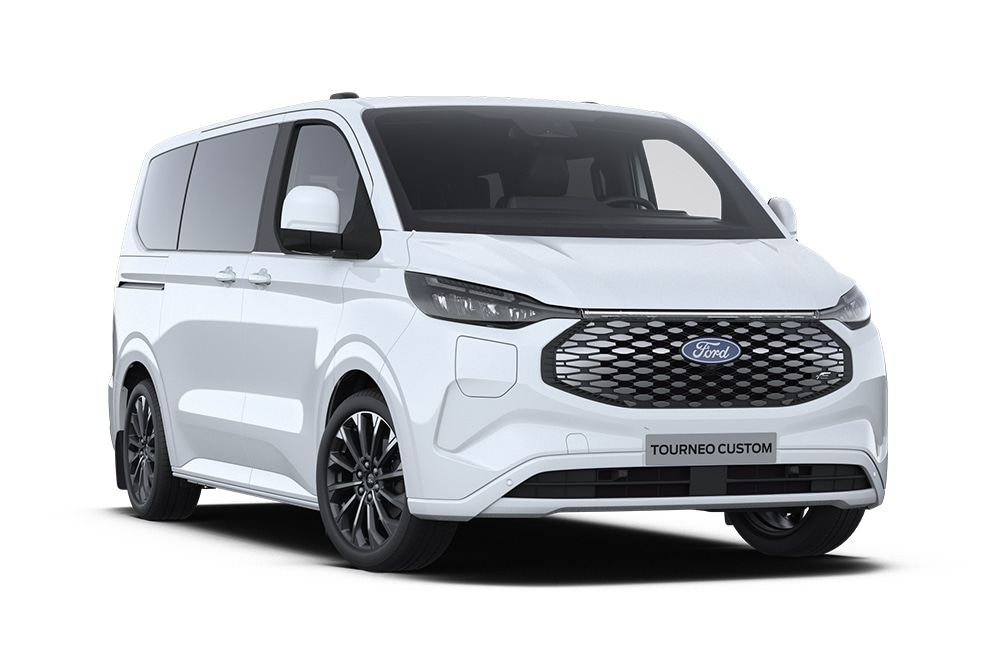 Angolo anteriore sinistro di una Ford E-Tourneo Custom Titanium X bianca