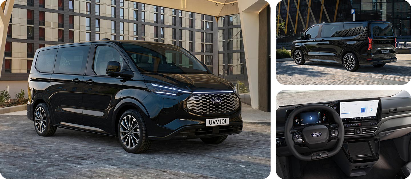 A collage of the a black Ford E-Tourneo Custom is parked in front of a modern building.