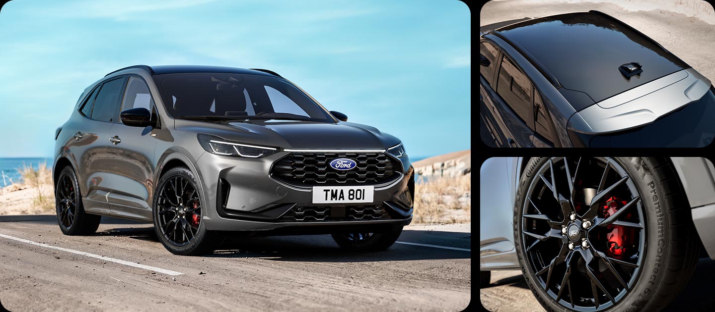 Ford Kuga Black Package grigia, vista ravvicinata di cerchi in lega da 20 pollici e dettagli esterni neri.