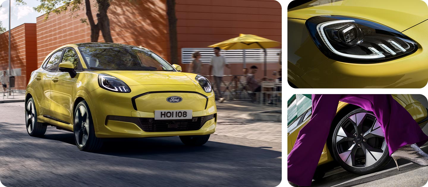 Griglia fotografica della Ford Puma Gen-E® gialla, con primi piani dei fari anteriori e degli eleganti cerchi in lega.