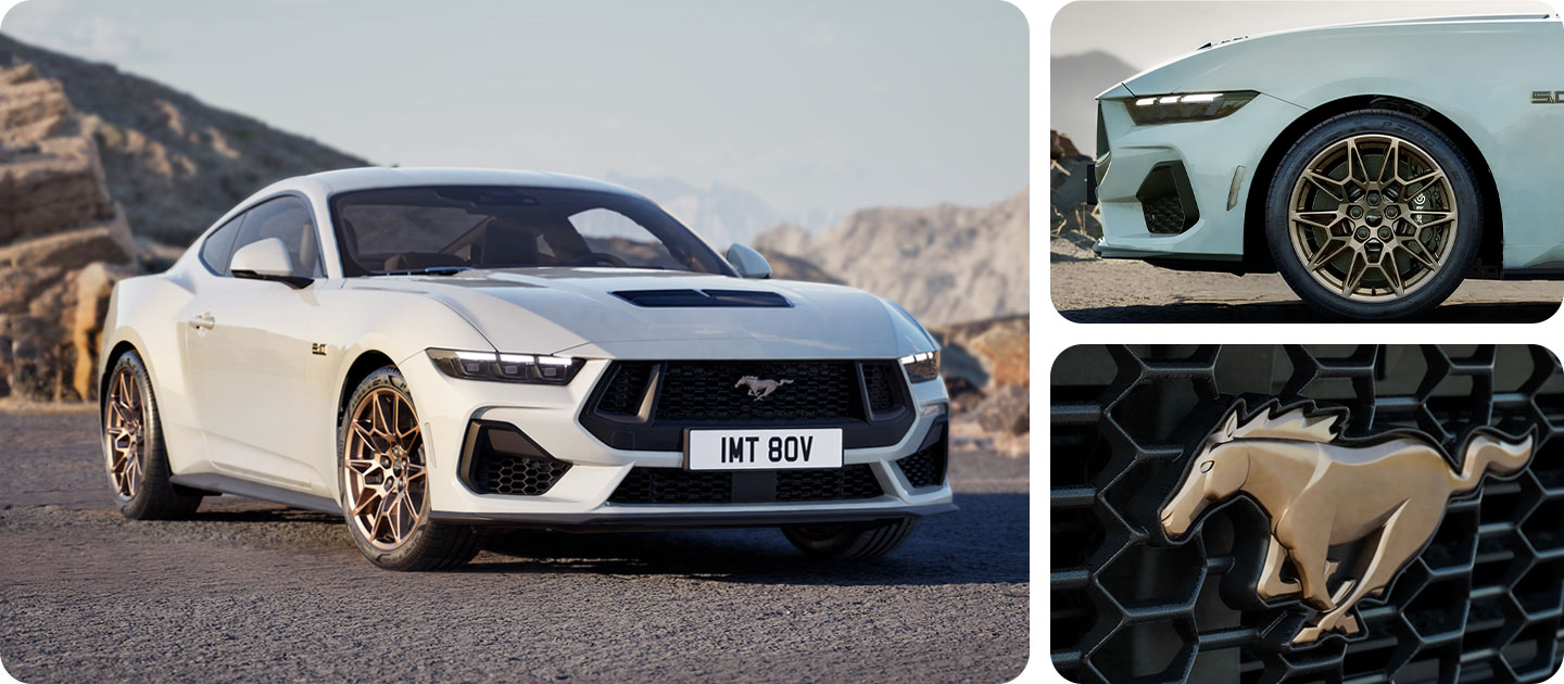 Tre foto in una griglia che mostrano una Ford Mustang GT Coupé bianca con Bronze Pack su una strada di montagna