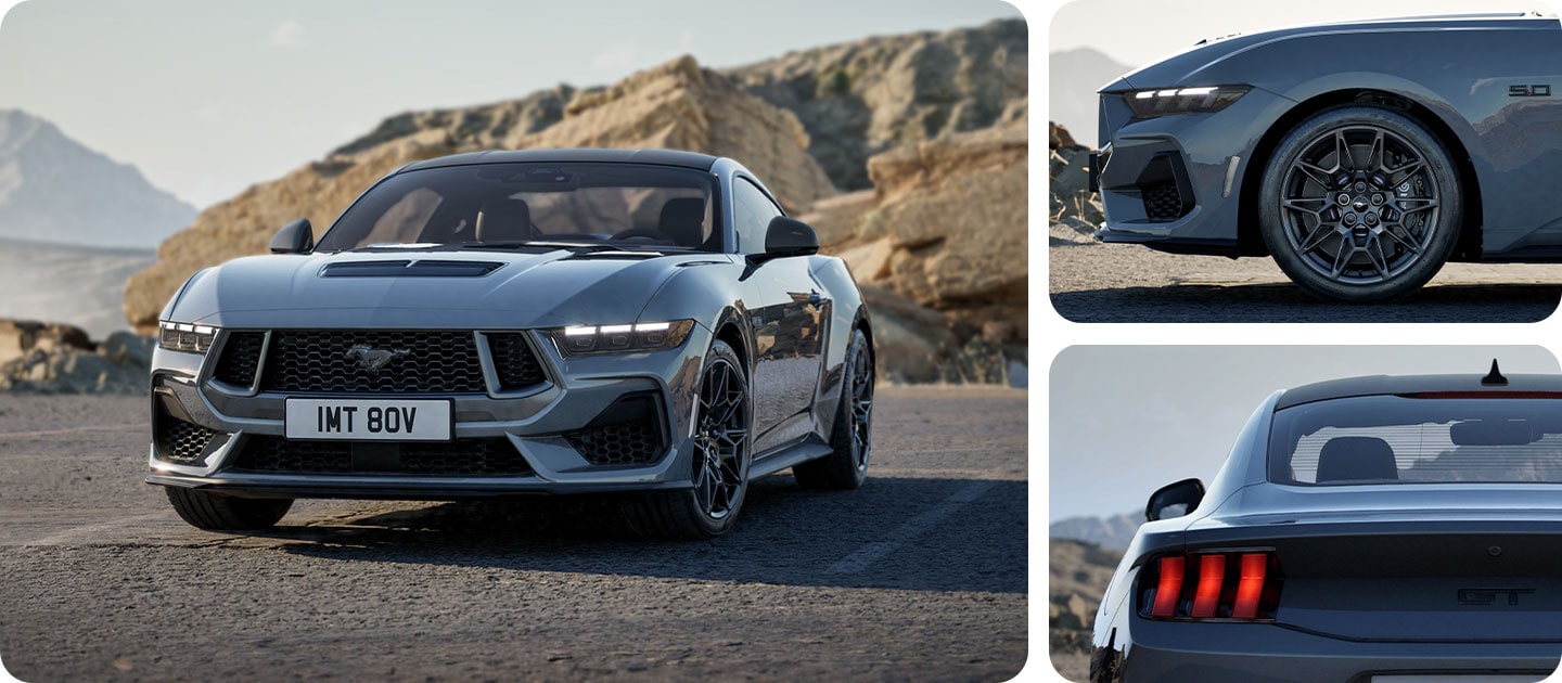 Tre foto in una griglia che mostrano una Ford Mustang GT Nite Pony Coupé grigia su una strada di montagna