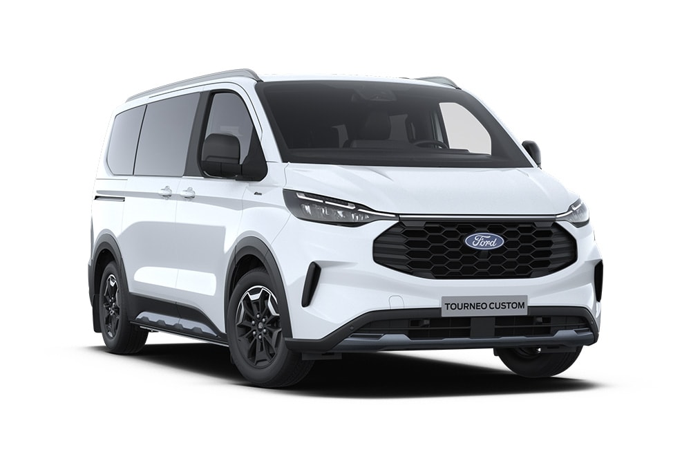Angolo anteriore sinistro di un Ford Tourneo Custom Active bianco.