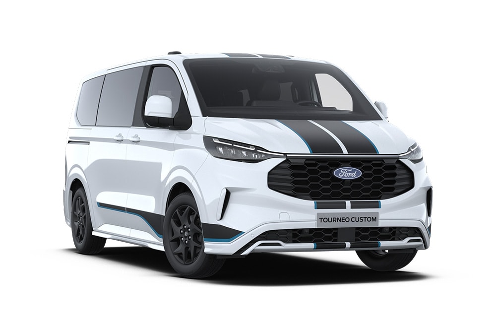 Angolo anteriore sinistro di un Ford Tourneo Custom Sport bianco.