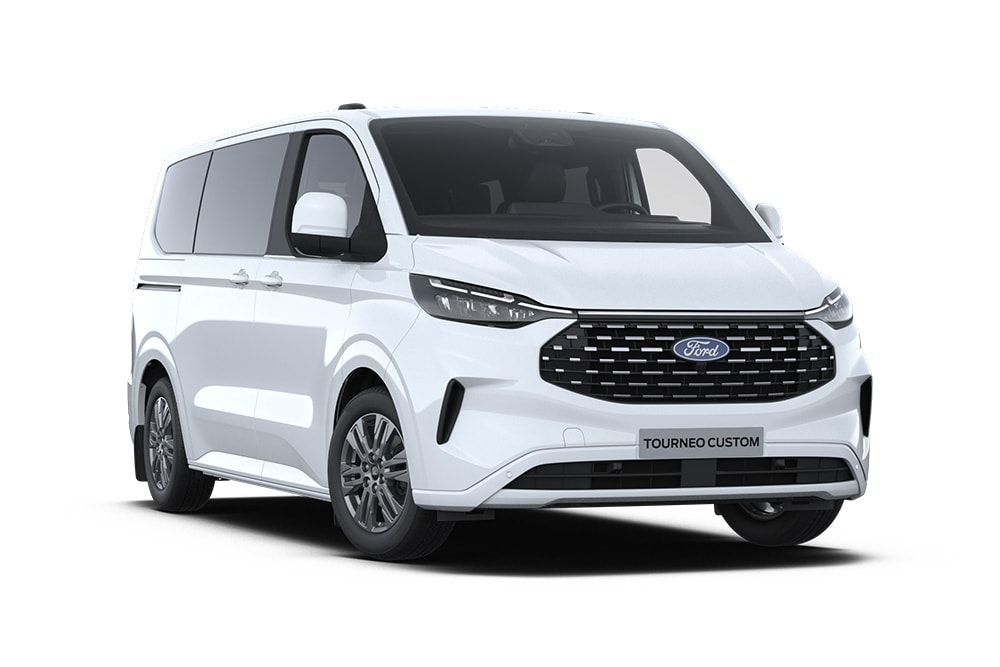 Angolo anteriore sinistro di un Ford Tourneo Custom Titanium bianco.