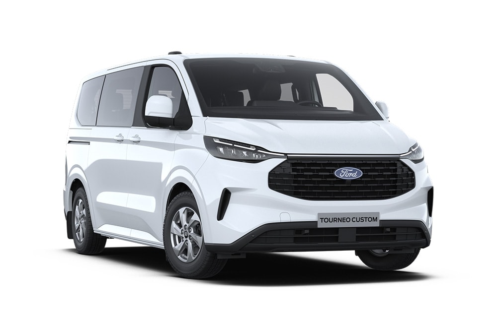 Angolo anteriore sinistro di un Ford Tourneo Custom Trend bianco.