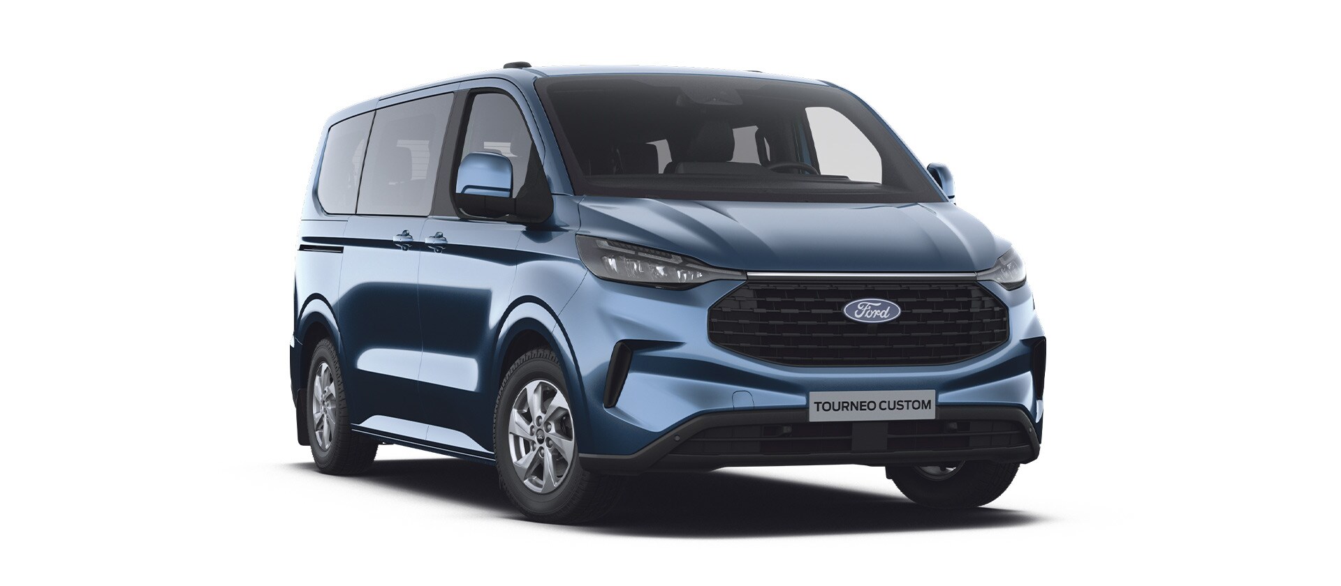 Ford E-Tourneo Custom Trend blu per il trasporto di persone, vista frontale inclinata a sinistra.