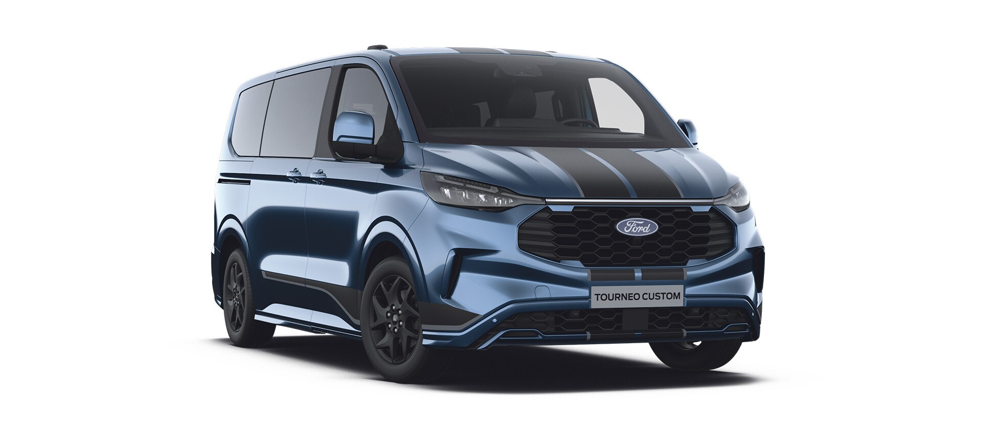 Ford Tourneo Custom Sport blu con striscia nera sul paraurti, vista di profilo dalla parte anteriore sinistra.