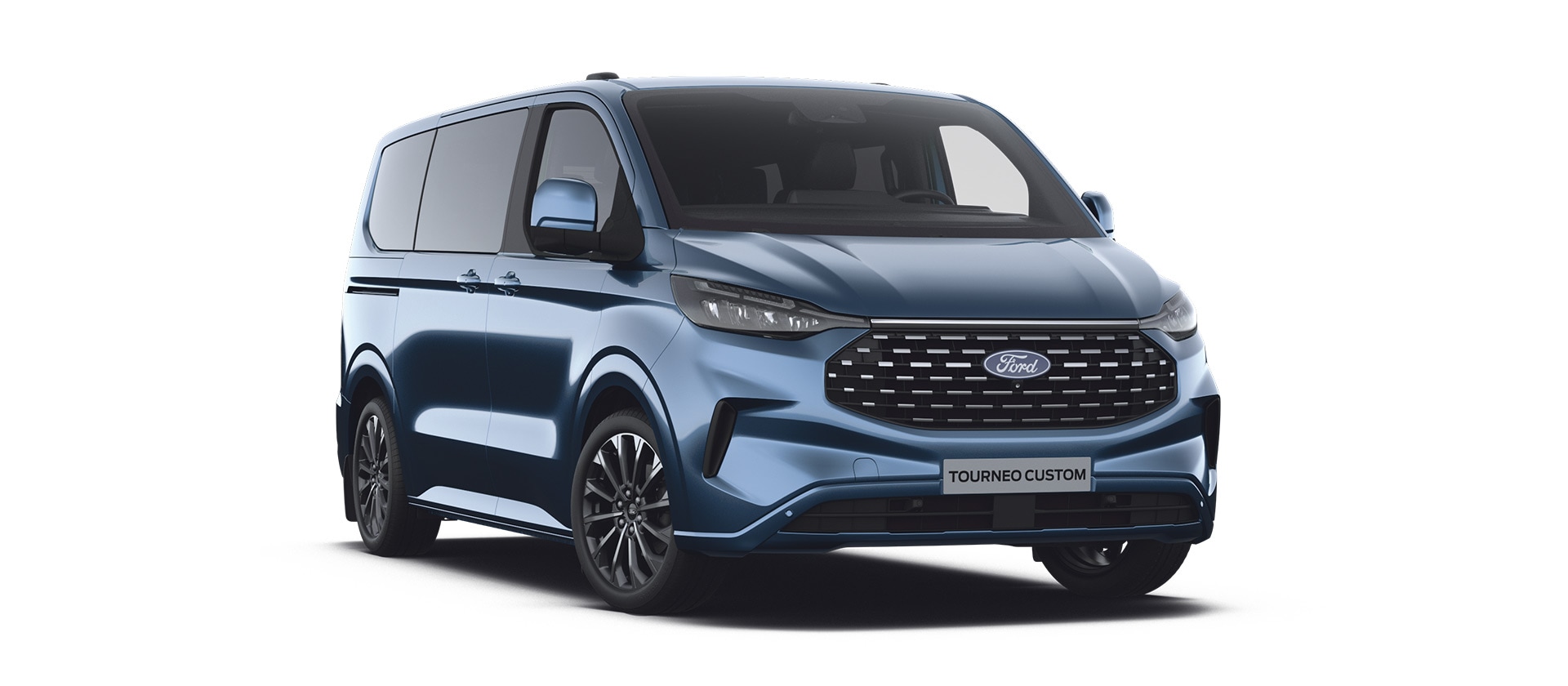 Ford E-Tourneo Custom Sport blu, vista frontale inclinata a sinistra.