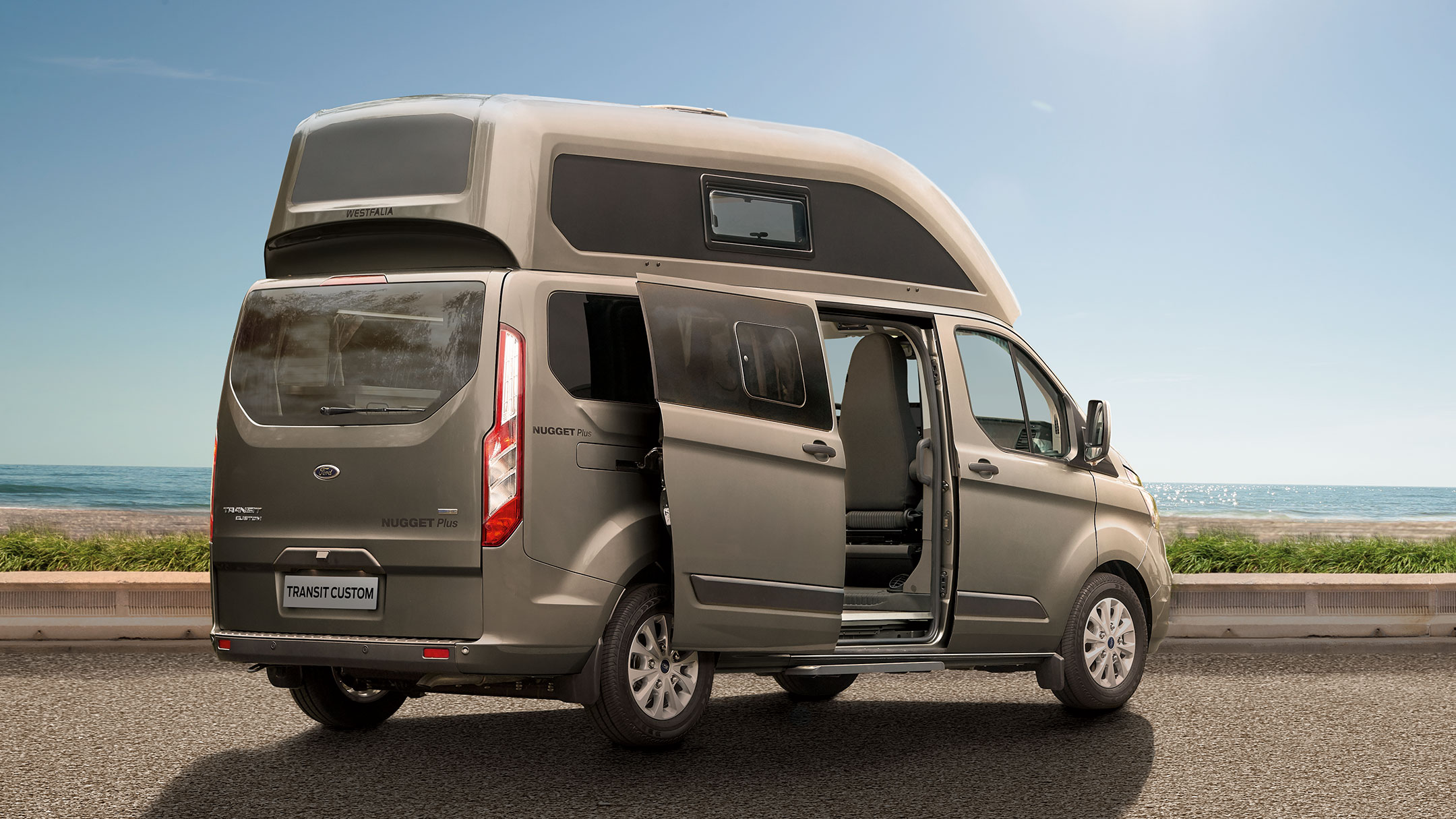 New Transit Custom Nugget Plus rear view with side doors open