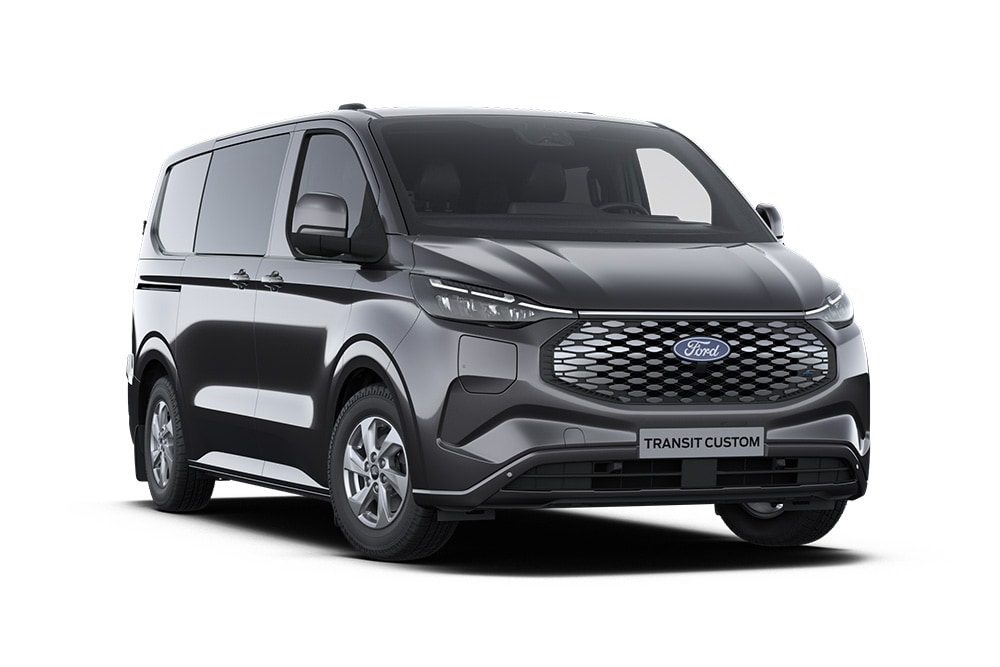 Ford E-Transit Custom Limited doppia cabina grigio scuro, vista frontale.
