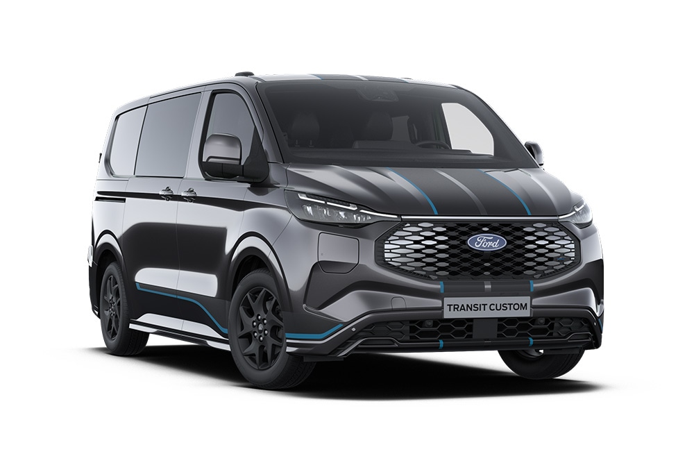 Ford E-Transit Custom Sport doppia cabina grigio scuro, vista frontale.