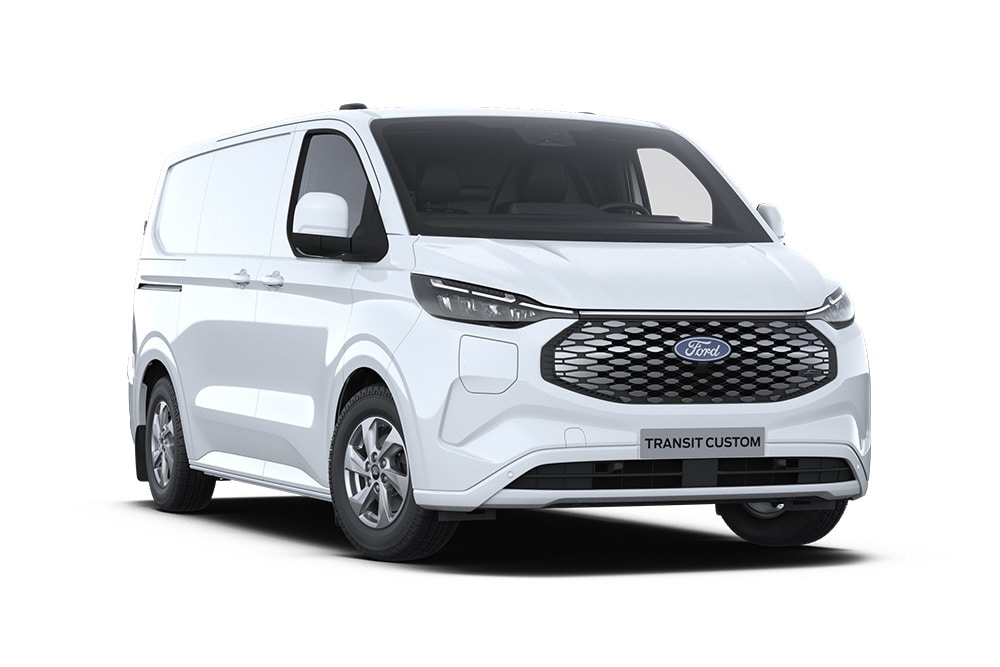 Un furgone elettrico Ford E-Transit Custom bianco, vista frontale.