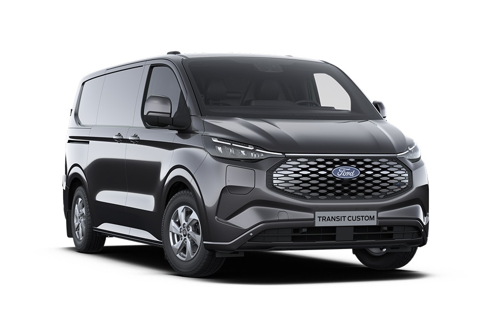 Furgone Ford E-Transit Custom Limited grigio scuro, vista frontale.