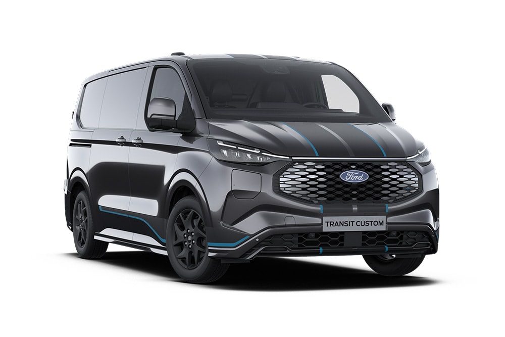 Furgone Ford E-Transit Custom Sport grigio scuro, vista frontale.