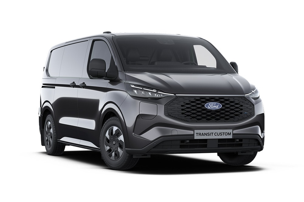 Furgone Ford E-Transit Custom Trend grigio scuro, vista frontale.