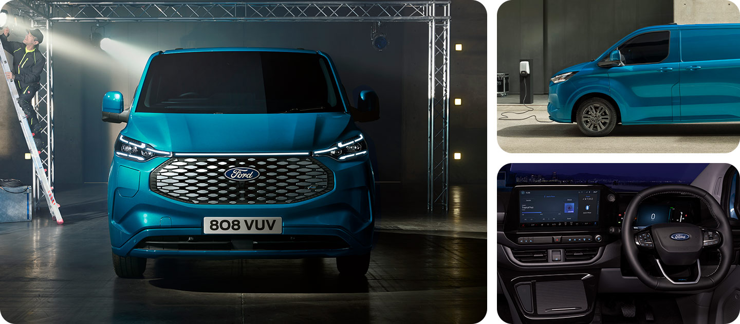 Ford E-Transit Custom Transporter blu, vista frontale.