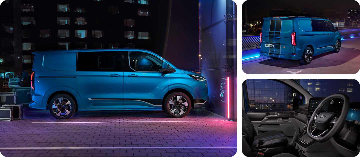Ford E-Transit Custom doppia cabina elettrica blu, vista laterale notturna.