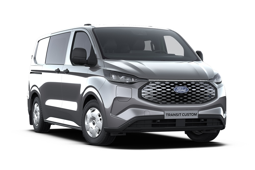Ford E-Transit Custom Trend doppia cabina grigio scuro, vista frontale.