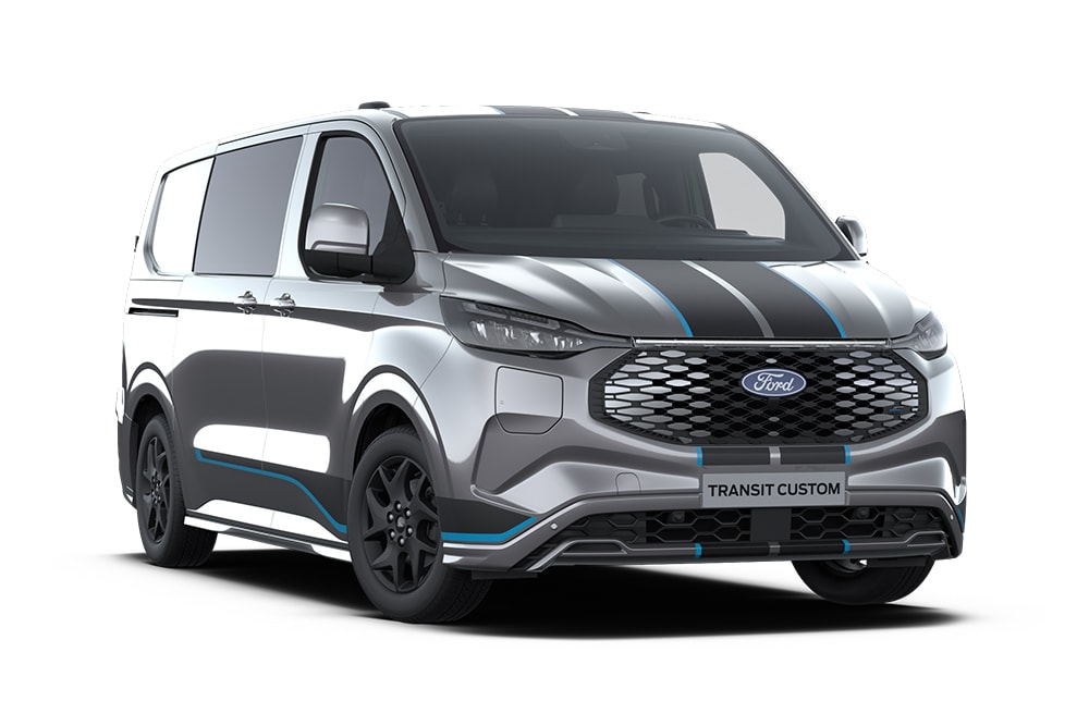 Ford E-Transit Custom Sport doppia cabina grigio scuro, vista frontale.