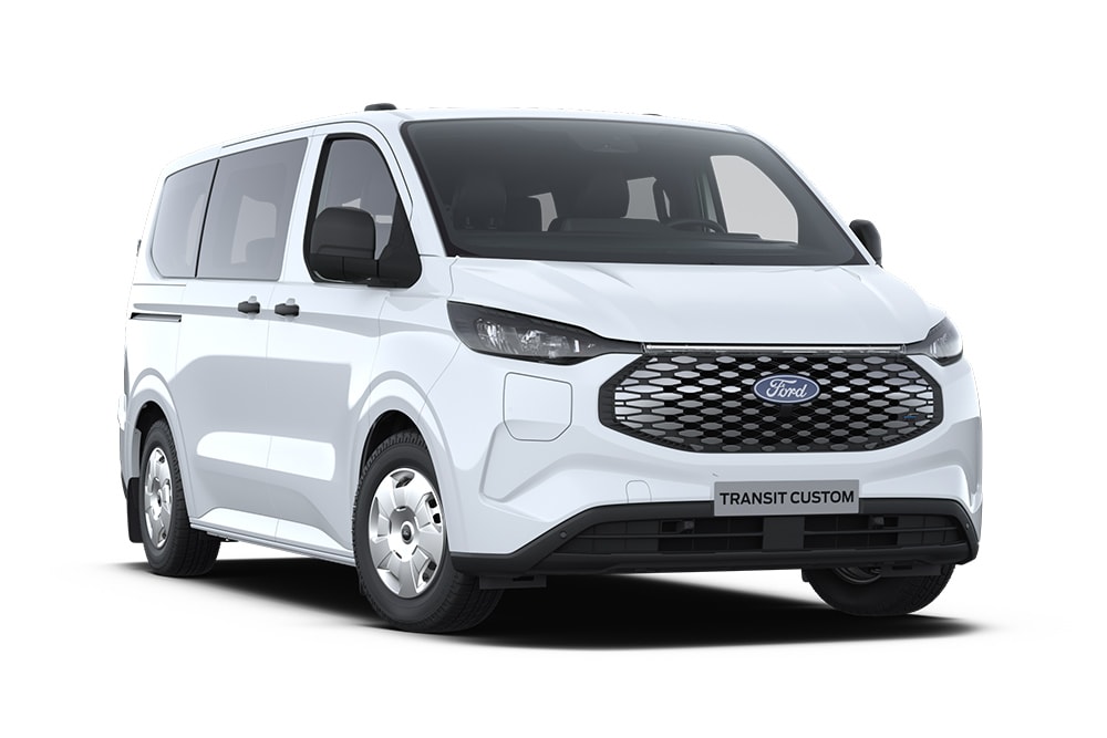 Furgone elettrico Ford E-Transit Custom bianco, vista anteriore inclinata.