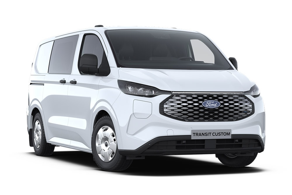 Ford E-Transit Custom MultiCab elettrico bianco, vista anteriore inclinata.