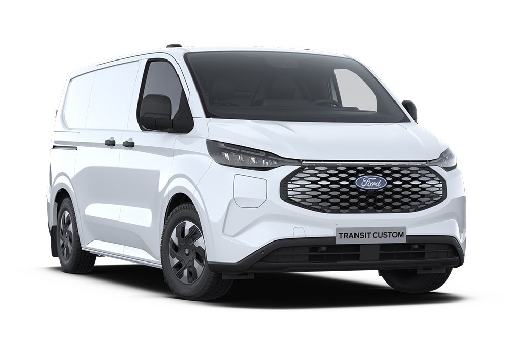 Un furgone elettrico Ford E-Transit Custom bianco, vista frontale.