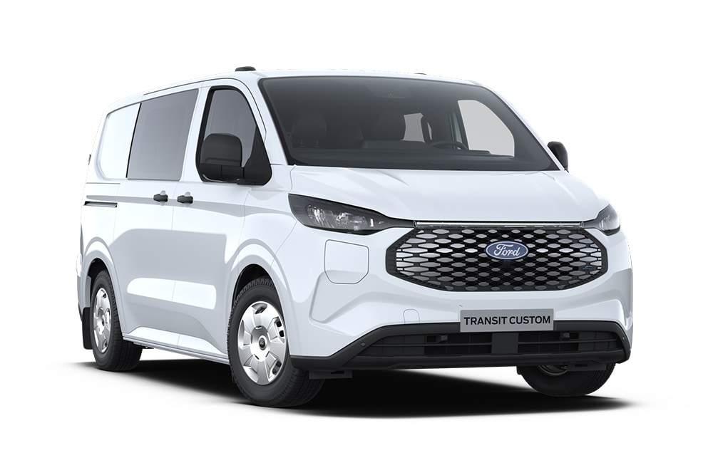 Ford E-Transit Custom elettrico bianco a doppia cabina, vista anteriore inclinata.