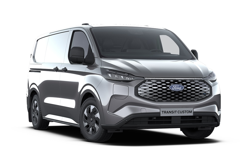 Furgone Ford E-Transit Custom Trend grigio scuro, vista frontale.