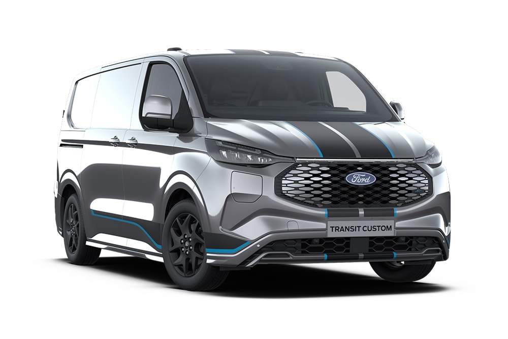 Furgone Ford E-Transit Custom Sport grigio scuro, vista frontale.
