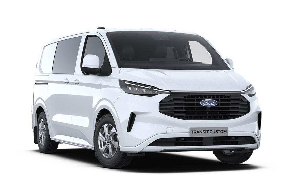 Vista anteriore laterale sinistra di un Ford Transit Custom Double Cab-in-Van bianco su sfondo bianco.