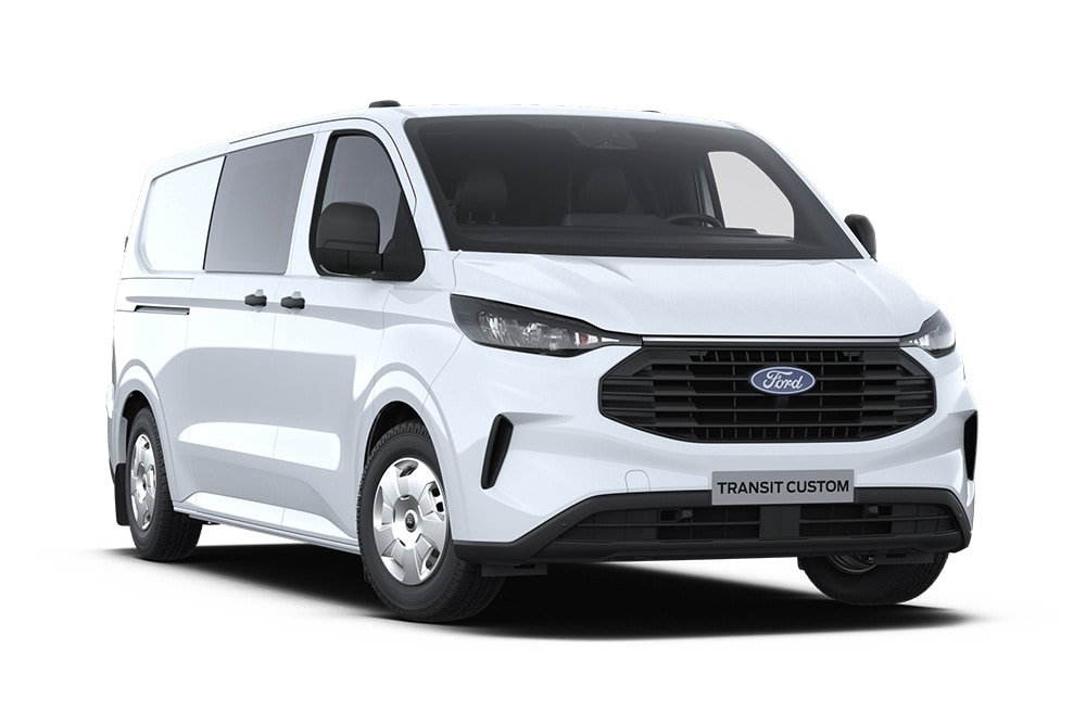 Vista anteriore laterale sinistra di un Ford Transit Custom Multicab bianco su sfondo bianco.
