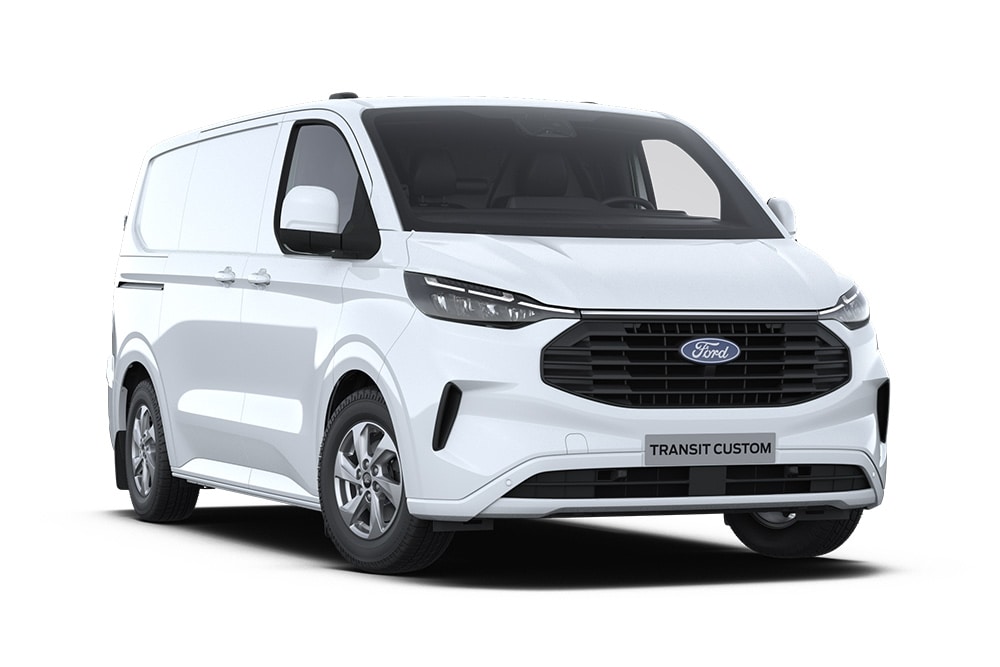 Vista anteriore laterale sinistra di un furgone Ford Transit Custom bianco su sfondo bianco.