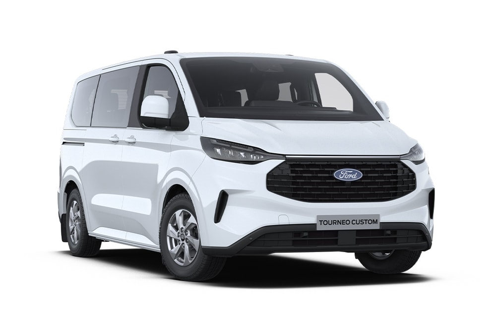 Angolo anteriore sinistro di un Ford Tourneo Custom Trend bianco.